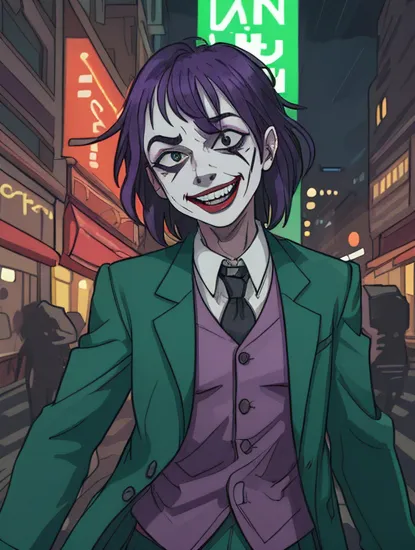 (the joker movie) modern movie scene, [RAW:0.1] HD, photo of a man:1.1 ,(evil grin),(open mouth:1.3), natural skin, shoulder length hair,squinting eyes, (crooked detective, evil smile), outside at night, dramatic pose, dark street at night, downtown at midnight, green jacket, purple shirt, bokeh, (green neon lights), highly detailed skin, (candid, amateur:1.1), intense joker makeup, downtown new york