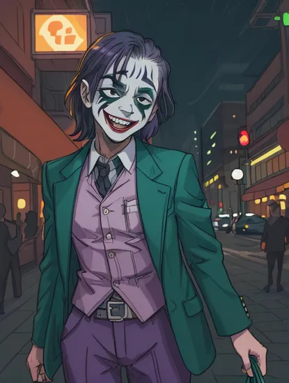 (the joker movie) modern movie scene, [RAW:0.1] HD, photo of a man:1.1 ,(evil grin),(open mouth:1.3), natural skin, shoulder length hair,squinting eyes, (crooked detective, evil smile), outside at night, dramatic pose, dark street at night, downtown at midnight, green jacket, purple shirt, bokeh, (green neon lights), highly detailed skin, (candid, amateur:1.1), intense joker makeup, downtown new york