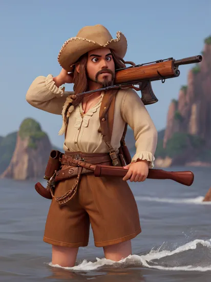 masterpiece, high quality, absurdres, best quality, beautiful lighting, real life, jack sparrow, solo, long hair, brown hair, long sleeves, 1boy, hat, weapon, male focus, outdoors, gun, facial hair, ocean, rope, rifle, beard, watercraft , intricate, high detail, sharp focus, dramatic, beautiful girl , (RAW photo, 8k uhd, film grain), caustics, subsurface scattering, reflections,  ,   