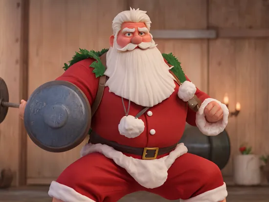 an exceedingly large and hulking old man with a white beard, wearing a santa claus outfit and bulging with years of steroid abuse, is squatting one thousand. he has a heavy barbell on his back.