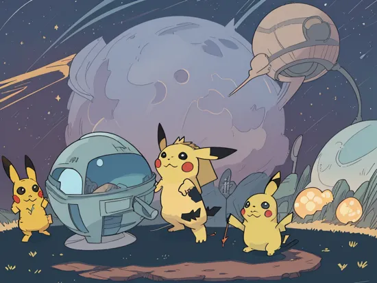 Determined Pikachu stranded on an alien planet, alien world, crash-landed,