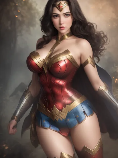 photo portrait of  the Wonder woman, colorful, realistic round eyes, dreamy magical atmosphere, superheroine costume,  (large breasts:1.3),