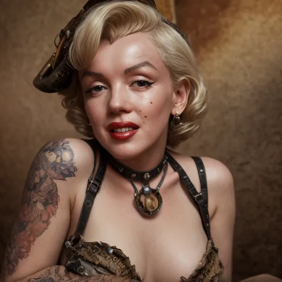 (Marilyn Monroe steampunk style), with beautiful feet (8k, RAW photo), high resolution, RAW, (PureErosface_v1:0.4), (ulzzang-6500-v1.1:0.2), (detailed face), detailed background, centered, symmetry, painted, intricate, volumetric lighting, beautiful, rich deep colors masterpiece, sharp focus, ultra detailed, in the style of dan mumford and marc simonetti, astrophotography, ultra realistic human skin textures, ((textured skin)),