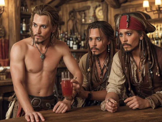 Guybrush Threepwood drinking grog with Jack Sparrow in the Scumm Bar, RAW candid cinema, 16mm, color graded portra 400 film, remarkable color, ultra realistic, textured skin, remarkable detailed pupils, realistic dull skin noise, visible skin detail, skin fuzz, dry skin, shot with cinematic camera