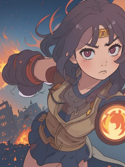 gldot, WonderWaifu cute adorable (chibi:1.2) wonder woman, big head little body pretty face, detailed eyes, intense look, (fighting pose:1.3), (destroyed city, distant fires:1.4), rising smoke, windy dust debris volumetric lighting fog, action camera (masterpiece:1.2) (illustration:1.1) (best quality:1.2) (detailed) (intricate) (8k) (HDR) (wallpaper) (cinematic lighting) (epic movie color grading) (sharp focus)   