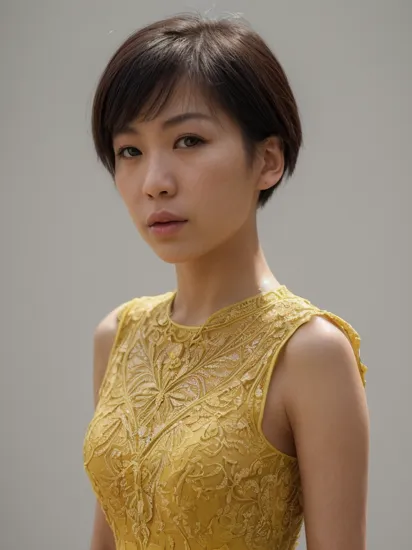 , epiCRealism, street photography, portrait photograph of striking facial features, asian woman, short hair,  makeup, wearing yellow intricate angel feather dress, cinematic lighting, volumetric lighting, white background, dust, wind, shot on Hasselblad X2D 100C, 80mm lens, depth of field, bokeh, film grain, vivid color, female poses, expressive female portrait, (upper body shot:1.6)