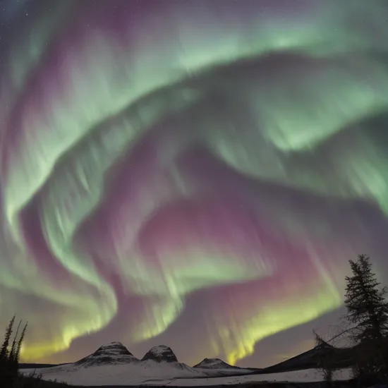 A Mesmerizing Astrophotograph of a Celestial Ballet: The Northern Lights Dance Across the Midnight Sky in a Symphony of Colors and Movement. The Subject, the Aurora Borealis, Unveils Its Radiant Splendor as It Paints the Night Canvas with Iridescent Greens, Purples, and Pinks. Each Swirl and Twist of Light Creates an Otherworldly Display that Defies Imagination. The Pose Captures the Aurora Borealis in Full Glory, Its Luminescent Ribbons Swaying and Twirling in an Ethereal Choreography. The Framing Showcases the Celestial Display Against a Canopy of Stars, Elevating the Aurora's Beauty to a Cosmic Scale. The Setting, a Remote Wilderness Untouched by Light Pollution, Adds to the Enchantment, Inviting the Viewer to Lose Themselves in the Wonder of the Universe. The Faint Glint of a Distant Planet Adds an Extra Layer of Depth and Scale to the Composition. The Illumination Is Entirely Natural, with the Northern Lights Themselves Providing the Radiant Illumination that Casts a Mystical Glow on the Landscape. The Camera Angle, Captured with a Wide-Angle Lens, Captures Both the Expanse of the Aurora and the Sublime Landscape Below. Shot with a Specially Calibrated Astrophotography Camera, the Image Reveals Details and Colors That Are Barely Perceptible to the Naked Eye. This Composition Embodies the Signature Style of an Award-Winning Astrophotographer, Whose Skill in Capturing the Elusive Dance of the Northern Lights Has Garnered Worldwide Admiration. The Photograph Transports the Viewer to the Heart of the Cosmos, Igniting a Profound Sense of Awe and Humility in the Face of the Universe's Grandeur. The Image Serves as a Poignant Reminder of the Boundless Beauty That Awaits Beyond Our Planet's Horizon
