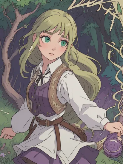 (rapunzel:1), tangled,  (adventure outfit:1.5), (white blouse, black vest with dark purple stitching, dark purple skirt), (long hair, blonde hair, green eyes:1), (loose hair:1.5),  ((green eyes)), (dress:1), (long dress),  cartoony facial features, large round eyes, blonde hair, (realistic:1.2),  (masterpiece:1.2), (full-body-shot:1),(Cowboy-shot:1.2), green grass, dandelions,  light particles, magical forest background, neon lighting, dark romantic lighting, (highly detailed:1.2),(detailed face:1.2), (gradients), colorful, detailed eyes, (detailed landscape:1.2), (natural lighting:1.2),(detailed background),detailed landscape, (dynamic pose:1.2), close shot, solo,     