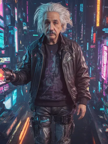 professional 3d model Albert Einstein, (reimagined in a cyberpunk universe), (cyberpunk style), (cyberpunk), (cyberpunk outfit), (punk hair), (augmentation), cybernetics, glowing neon lights, cinematic scene, hero view, action pose, beautiful 8k, detailed background, masterpiece, best quality, high quality, absurdres, vivid.. octane render, highly detailed, volumetric, dramatic lighting