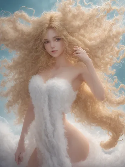 (dynamic pose:1.2),(dynamic camera),cute mythological skinny slim young goddess,(long blonde curly hair:1.3),(look to camera),(posing for photoshoot:1.2), godrays,(wind swirl floating (fluff) on abstract volumetric background:1.3), in the style of intimacy, dreamscape portraiture,  solarization, shiny kitsch pop art, solarization effect, reflections and mirroring, photobash, (composition centering, conceptual photography), , (natural colors, correct white balance, color correction, dehaze,clarity)