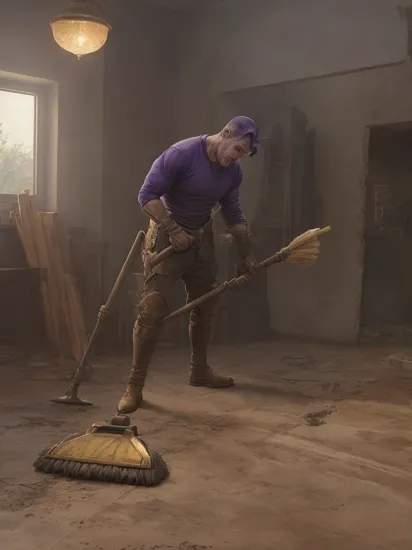 Thanos1024, a man kneeling down on the floor cleaning a floor with a brush and dust shovel in his hand, looking at the floor     