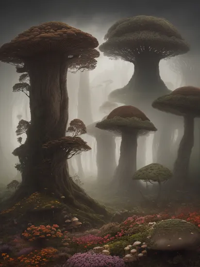 a planet of various fungus like trees, mushrooms, flowers and plants, artistic photography, conceptual, long exposure outside the city, volumetric light in Brooding landscapes, epic scale, German myth, layered symbolic density