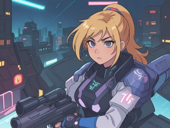 90s anime cinema movie style 16 by 9, photographic lighting with heavy shadows,
sexy samus aran as a futuristic cyberpunk (soldier:0.9), with a blonde ponytail, wearing a tight bodysuit with (armor:1.1), (on a (rooftop)), (aiming with a black sniper rifle:1.1)
detailed face, bright eyes, focused expression, (wind in hair:1.2)
background is a cybertech (city at night:1.2), (neon lights:1.3)
sideview, cowboy shot, depth of field, face focus, blur, bloom, (camera lensflare effect:1.1),
    