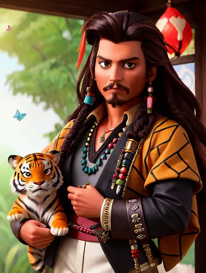 Johnny Depp, Noble warrior @JohnnyDepp, standing with a ((tiger companion)), adorned in a black and gold patterned kimono, sharp gaze, dark hair slicked back, an air of quiet strength and elegance, surrounded by delicate butterflies, a fusion of nature and the human spirit, traditional meets modern.