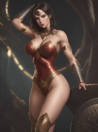 Wonder Woman, vhs effect, nostalgia, full body, Wonder Woman, (Intricate details, makeup), (Delicate and beautiful delicate face, delicate and beautiful delicate eyes, perfectly proportioned face), delicate skin, strong and realistic blue eyes, realistic black hair, lips, makeup, natural skin texture, tiara, jewelry, star \(symbol\), leotard, bulletproof gauntlet, Red boots, golden belt, (public clothing: 1.5), bare shoulders, slightly sunburned complexion, mature, sexy, elastic muscles, (muscles: 1.2), ((strong and healthy body)), (((more) muscles))), long legs, curves, (big breasts: 1.3), cleavage, thin waist, soft waist, (delicate skin), (beautiful and sexy woman), (swollen lips: 0.9), (eyelashes: 1.2), very delicate muscles, perfect body, flexing muscles, (skin texture), intricately detailed, fine details, hyperdetailed, raytracing, subsurface scattering, diffused soft lighting, shallow depth of field, by (Oliver Wetter))neon)