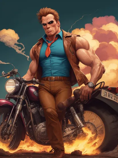Ankama vivid animation style Arnold as terminator t800, wearing short Hosn, brownpant, necktie, brown shoe, wild leather, vest, san francisco in front of a biker bar, explosion, candy cotton clouds, smoke,,. Vibrant colors, expansive storyworlds, stylized characters, flowing motion