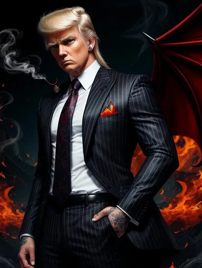 Smoldering gaze Donald Trump, tousled blond hair, ((pinstripe suit)), tattooed arms with dragon designs, smoky background with dragon motif, confident stance, accented by orange tones, ((pierced ear)), dangling earring, intense expression, cigarette in mouth, the embodiment of suave and dangerous, detailed artwork, anime style, vibrant and fiery color scheme, imposing presence, stylish antihero vibe.