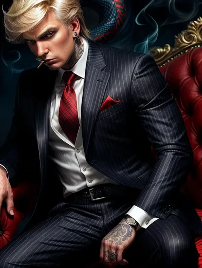 Smoldering gaze Donald Trump, tousled blond hair, ((pinstripe suit)), tattooed arms with dragon designs, smoky background with dragon motif, confident stance, accented by orange tones, ((pierced ear)), dangling earring, intense expression, cigarette in mouth, the embodiment of suave and dangerous, detailed artwork, anime style, vibrant and fiery color scheme, imposing presence, stylish antihero vibe.