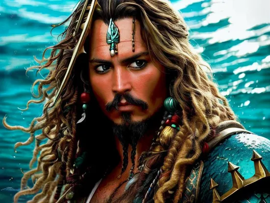 Johnny Depp, Aquaman @JohnnyDepp, king of Atlantis, his suit reflects the colors of the ocean, from the green of seagrass to the gold of the sunlit surface. His trident is a symbol of his authority over the sea, his muscular form commanding presence both on land and beneath the waves, his bearing that of a ruler who connects two worlds.