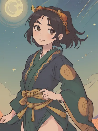 ((masterpiece, best quality:1.2),
MulanWaifu,(beautiful skin:1.2),17 years old,beautiful face,round face,(beautiful slanted eyes:1.4),brown eyes,black hair,(green japanese clothes,kimono:1.2),small breasts,
outdoors,at night,starry sky,full moon,chinese palace,fearless smile,cowboy shot, 