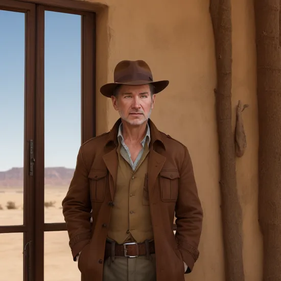  Indiana jones, brown coat, male focus, portrait, desert, building, window