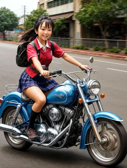 an asian school girl rushing on a street with riding on mechanic armor, madox, wide shot --v 6.0 --s 50 --style raw