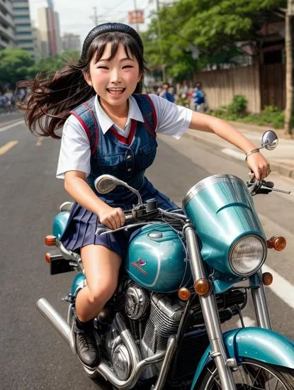 an asian school girl rushing on a street with riding on mechanic armor, madox, wide shot --v 6.0 --s 50 --style raw