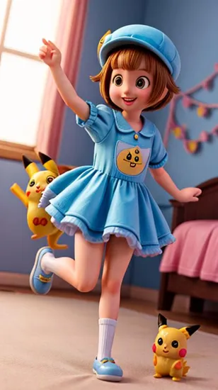 Ultra detailed illustration of a cute Cat  wearing a pikachu onesies, short hair, pokemon theme, whimsical magic, cel shading, tetradic, millinery, dutch angle, close up, terragen, elaborate consistent bedroom background elements, bokeh, smile , running pose,