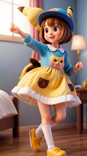 Ultra detailed illustration of a cute Cat  wearing a pikachu onesies, short hair, pokemon theme, whimsical magic, cel shading, tetradic, millinery, dutch angle, close up, terragen, elaborate consistent bedroom background elements, bokeh, smile , running pose,
