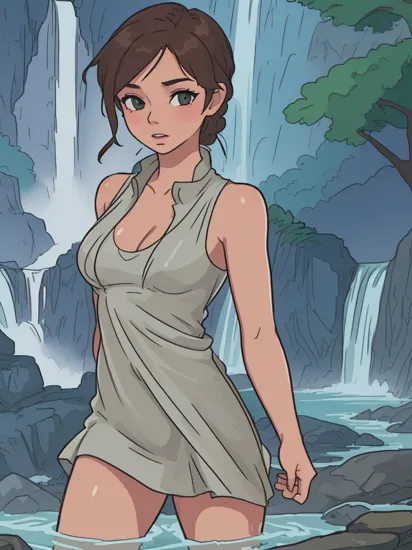 Lara Croft, ((nude)), ((bathing in waterfall)), water, wet, looking at viewer, seductive, sexy, award-winning,  (8k, RAW photo, best quality, masterpiece:1.2),ultra-detailed, (high detailed skin:1.2), 8k uhd, dslr, soft lighting, high quality, 