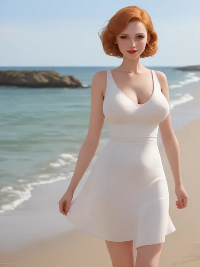 masterpiece, best quality, (photorealistic:1.4), full body shot, by the sea, sunny day, photography landscape, nude, a photo of a beautiful woman, evening, skinny, ginger hair, buzz cut, detailed face, large breasts, red lips, big eyes, narrow waist, seductive pose, smiling, , tanlines, , pussy, 