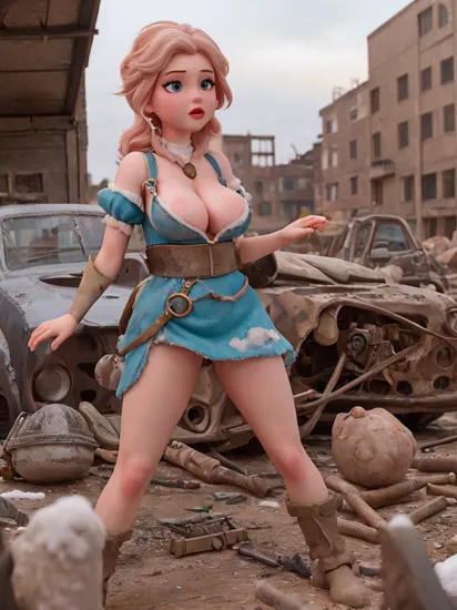 ethereal photo Naughty Snow White,  huge breasts, dress sexy, sharp focus, detailed skin, 8k uhd, dslr, soft lighting, high quality, film grain, Fujifilm XT3, dimly lit,, peach fuzz hair  A post-apocalyptic wasteland with crumbling buildings and scattered remnants of civilization, mature woman appreciating public attention from her slutty outfit