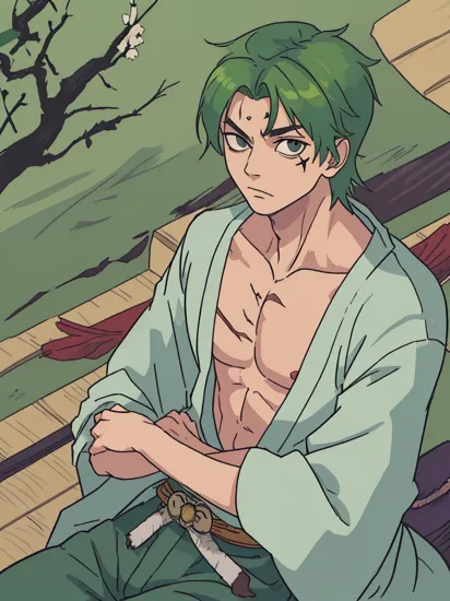 (masterpiece, best quality:1.2),
,roronoa zoro,muscular male,scar,scar across eye,japanese clothes,green kimono,
1man, adult,solo,(green hair:1.2),(scar across left eye:1.3),cowboy shot,crossed arms, sitting on tatami,japanese temple background,