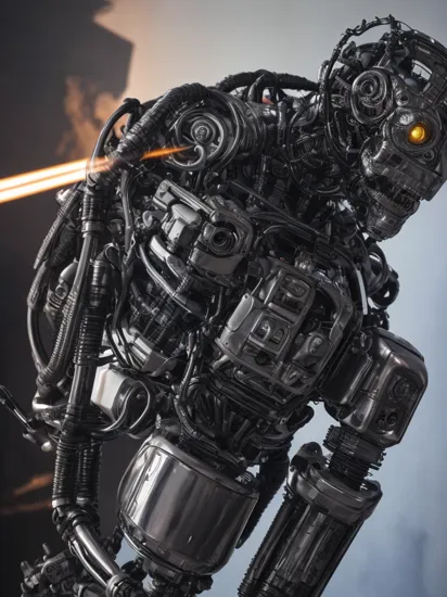 close-up of Terminator T800 from side in action pose surrounded by void magic looking at viewer, metalic roboter head (intricate details), (****), insane, toxic, volumetric lighting, dutch angle,  