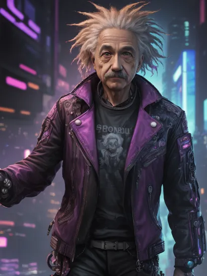 Albert Einstein, (reimagined in a cyberpunk universe), (cyberpunk style), (cyberpunk), (cyberpunk outfit), (punk hair), (augmentation), cybernetics, glowing neon lights, cinematic scene, hero view, action pose, beautiful 8k, detailed background, masterpiece, best quality, high quality, absurdres, vivid., detailed skin texture, (blush:0.5), (goosebumps:0.5), subsurface scattering,