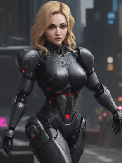 madonna is terminator, in cyberpunk videogame city, 
((robotic implants in the body and face)) American plane
  black over size tee