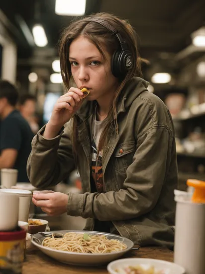 gritty raw street photography, ultra high detail sharp focus photo, plain clean earthy young hacker, matrixpunk cybercostume, eating noodles in a busy crowded street diner, working hard,