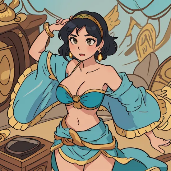 (masterpiece, best quality:1.15), television, crt, 1girl, solo, (jasmine:1.1), from disney's aladdin, turquoise and gold, black hair, crop top, harem outfit, blue hairband, gold earings, dark brown eyes, silk, shimmering, arabian princess, cleavage, breasts