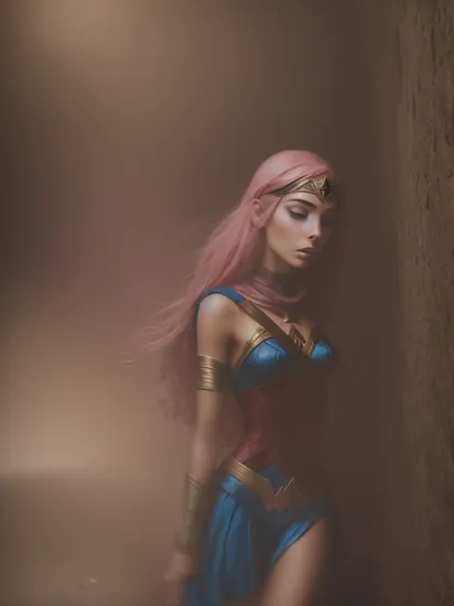 iphone photograph of asleep confused skinny Egyptian wonder woman with pink hair staggering in foggy underground tunnel, smoke clouds, hazy air, hard focus, depth of field