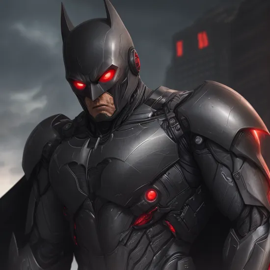 Hyperrealistic art of  
batman cyborg a man in a black cyborg exoskeleton costume with a red terminator machine eyes on in the year 2042, Extremely high-resolution details, photographic, realism pushed to extreme, fine texture, incredibly lifelike