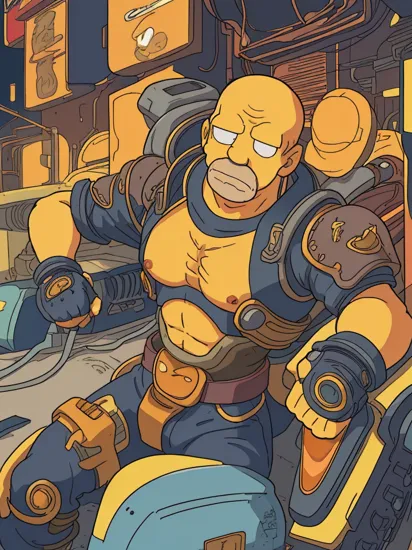 a portrait of Homer Simpson,  8k octae render photo,  wearing thunder armor,  in an action pose,  cyberpunk fashion,  cyborg style
, cyborg