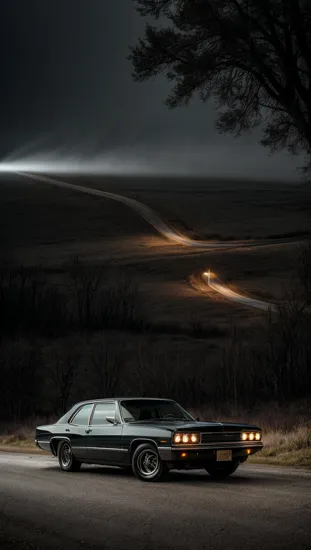 **EXT. EERIE COUNTRYSIDE ROAD - NIGHT**

*Photorealistic scene of a black Chevrolet Impala drifting around a sharp corner on an eerie countryside road at night. Headlights pierce through thick fog, illuminating twisted trees and abandoned barns. Tires screech as the car speeds by, disappearing into the darkness. The atmosphere is haunting, with the wind howling through the desolate landscape. Dramatic lighting and ultra-detailed, realistic textures, capturing the intense motion and eerie setting.*