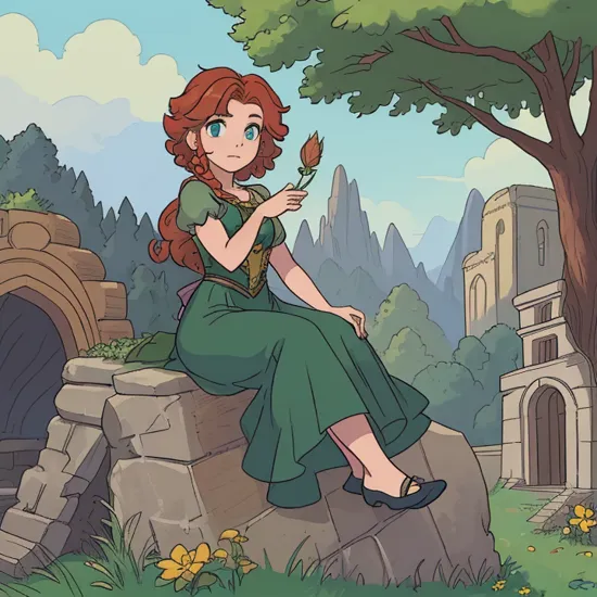 (masterpiece, best quality:1.1), (1girl, solo:1.15), (merida:1.1), from disney's brave, emerald and gold, curly red hair, afro, long green dress, blue eyes, sitting, arms up, nature, scenery, grass, ruins, flower, plant, tree, detailed background, cropped