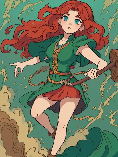 (masterpiece, best quality:1.15), 1girl, solo, (merida:1.1), from disney's brave, emerald and gold, curly red hair, afro, long green dress, blue eyes