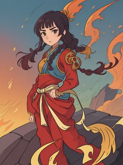(full height:1.3), a beautiful (ohwx woman:1.1) withAs Mulan, dressed in her red and yellow warrior armor, standing on the Great Wall of China alongside Mushu and her fellow soldiers, breathtaking landscape, dynamic action, vivid colors, evocative of the captivating art style, high-resolution, capturing the heroism and bravery of the beloved film., inspired by Krenz Cushart, neoism, kawacy, wlop, gits anime,An intricate faux hawk braid, with tightly woven cornrows on the sides leading to a voluminous braided crest along the center., 