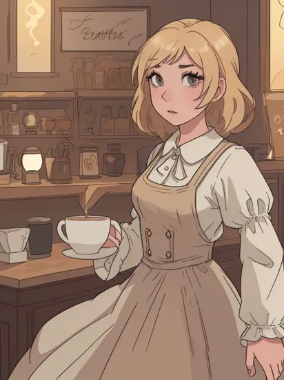 (masterpiece:1.1), (best quality:1.1), (HDR:1), (high detailed skin:1.1), (barista), rapunzel \(disney\), big eyes, light makeup, big eyelashes, medium breasts, large hips, (detailed fingers), (wearing a linen light dress), ((night)), (hot coffee), cafe, (holds out a small cup of coffee, fumes), behind the counter, Looking at viewer, (modern room), (houseplants:0.4), soft lighting, blurry background, (cinematic composition:1.3), ((highly detailed natural skin)), (skindentation), intricate details, hyper detailed, ,