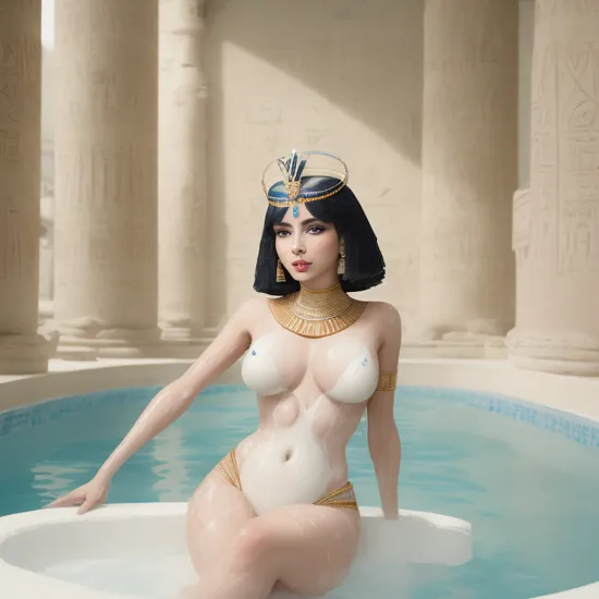 high quality raw phot, masterpiece, an ancient egypt era 1920s painting of an (egyptian queen royalty woman:1.2), posing in a white milk pool, pin up, , (african|caucasian:0.7), in front of historical priceless egyptian ancient art, cleopatra body, inside a diamond glass pyramid art museum gallerie, hasselblad 500c, 85mm cinematic iconic stunning composition celebrity shot, 8k, sharp pointy elegant nose, short bob straight black hair with a split frontal bang, wearing a goldend a diamond coated pharaonic atlantean atlantis crown, wearing elegant blue and purple eyeliner egyptian makeup, taking a milk bath (in a pool filled wih pristine fresh white milk:1.4)