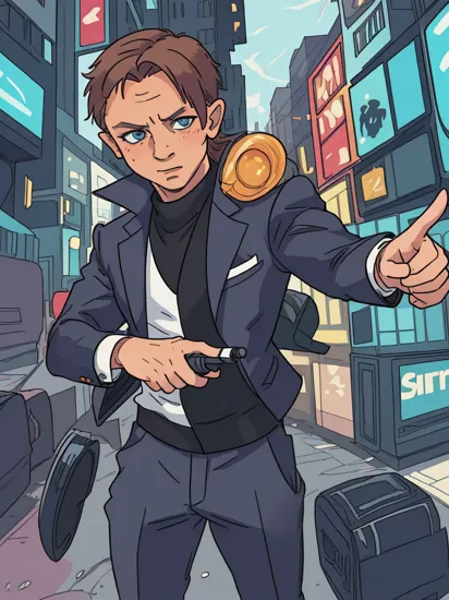Anime artwork. Daniel Craig as James Bond,  wearing VR helmet,  tuxedo,  pointing with a Gun,  cyberpunk 2077 cityscapes