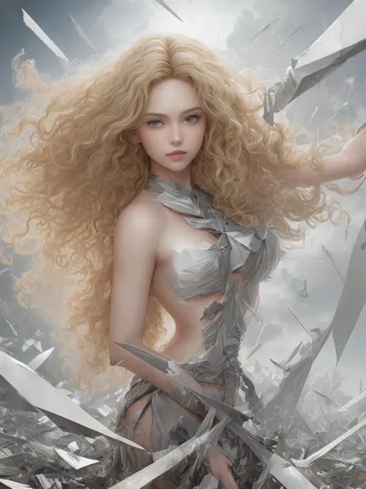 (dynamic pose:1.2),(dynamic camera),cute mythological skinny slim young goddess,(long blonde curly hair:1.3),(look to camera),(posing for photoshoot:1.2), godrays,(wind floating (metal shards) on abstract volumetric background:1.3), in the style of intimacy, dreamscape portraiture,  solarization, shiny kitsch pop art, solarization effect, reflections and mirroring, photobash, (composition centering, conceptual photography), , (natural colors, correct white balance, color correction, dehaze,clarity)