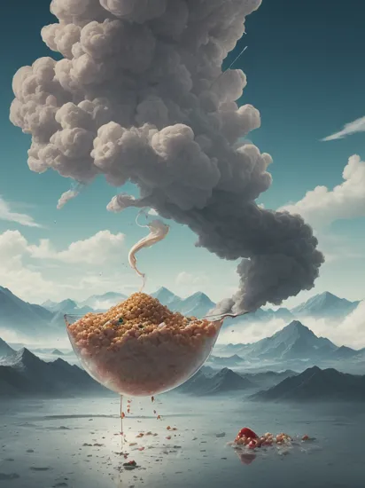 anime artwork a bowl of cereal with mountains in the background, mountains of ice cream, boiling imagination in a bowl, illustration!, amazing food illustration, inspired by Chris LaBrooy, surreal design, frank moth, simple but effective composition, inspired by Antoni Pitxot, inspired by Henri-Julien Dumont, surreal collage, inspired by Mike Winkelmann, dessert
a brush with a lot of smoke coming out of it, fires!! hyperrealistic, highly conceptual art, by Fei Danxu, amazing composition, environmental art, perfectly realistic yet surreal, environmental artwork, surreal water art, cool 3d visualisation, detailed conceptual photography, hyperrealistic smoke, very detailed photography, destroyed nature, toothpaste refinery, surreal object photography, amazing art
a car that is in the air with smoke coming out of it, smoke debris, smoke and debris, hyperrealistic smoke, smoke and destruction, dirt and smoke background, (smoke), concept art. smoke, realistic smoke, smoke, smoke cloud, smoke behind wheels, smoke simulation, gritty realistic smoke, detailed smoke and dust, black smoke particles, toxic clouds
a close up of a glass object with a strawberry on it's side and a leaf on the top of the top of it, leaf, no_humans, no humans, fruit, still life, food, blurry, food focus
a crab in a plastic bag floating in the water, garbage plastic, by Emanuel Witz, by Juergen von Huendeberg, award-winning photo!!!!, by Robert Jacobsen, award - winning photo â, by Ken Elias, plastic sea wrapped, closeup!!!!!!, closeup!!!!!, by Bernard DâAndrea, â¤ð¥ððª, !!natural beauty!! . anime style, key visual, vibrant, studio anime,  highly detailed